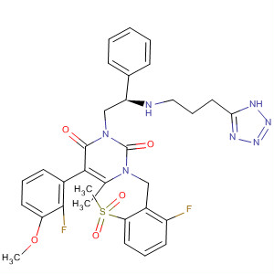 832720-81-7  2,4(1H,3H)-Pyrimidinedione,5-(2-fluoro-3-methoxyphenyl)-1-[[2-fluoro-6-(methylsulfonyl)phenyl]methyl]-6-methyl-3-[(2R)-2-phenyl-2-[[3-(1H-tetrazol-5-yl)propyl]amino]ethyl]-