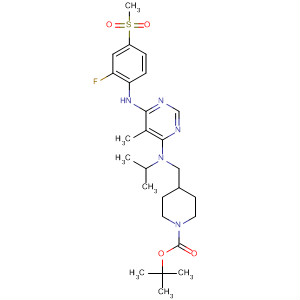 832753-70-5  1-Piperidinecarboxylic acid,4-[[[6-[[2-fluoro-4-(methylsulfonyl)phenyl]amino]-5-methyl-4-pyrimidinyl](1-methylethyl)amino]methyl]-, 1,1-dimethylethyl ester