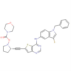 833476-70-3  4-Morpholinecarboxylic acid,(3R,5S)-5-[[4-[[3-fluoro-1-(phenylmethyl)-1H-indol-5-yl]amino]thieno[3,2-d]pyrimidin-6-yl]ethynyl]-3-pyrrolidinyl ester