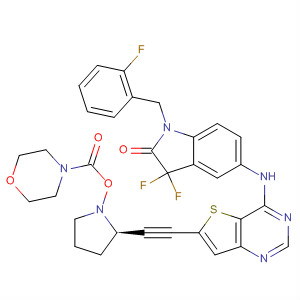 833477-06-8  4-Morpholinecarboxylic acid,(3S,5R)-5-[[4-[[3,3-difluoro-1-[(2-fluorophenyl)methyl]-2,3-dihydro-2-oxo-1H-indol-5-yl]amino]thieno[3,2-d]pyrimidin-6-yl]ethynyl]-3-pyrrolidinylester