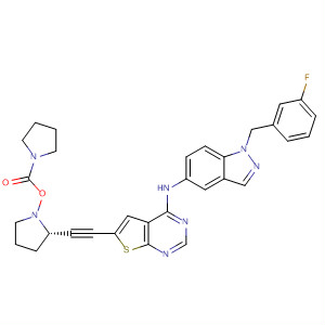 833479-30-4  1-Pyrrolidinecarboxylic acid,(3R,5S)-5-[[4-[[1-[(3-fluorophenyl)methyl]-1H-indazol-5-yl]amino]thieno[2,3-d]pyrimidin-6-yl]ethynyl]-3-pyrrolidinyl ester