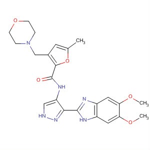 825617-81-0  2-Furancarboxamide,N-[3-(5,6-dimethoxy-1H-benzimidazol-2-yl)-1H-pyrazol-4-yl]-5-methyl-3-(4-morpholinylmethyl)-
