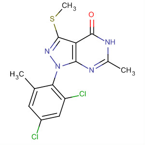812668-01-2  4H-Pyrazolo[3,4-d]pyrimidin-4-one,1-(2,4-dichloro-6-methylphenyl)-1,5-dihydro-6-methyl-3-(methylthio)-