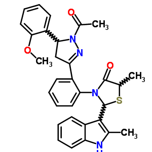 133405-34-2  3-{2-[1-acetyl-5-(2-methoxyphenyl)-4,5-dihydro-1H-pyrazol-3-yl]phenyl}-5-methyl-2-(2-methyl-1H-indol-3-yl)-1,3-thiazolidin-4-one