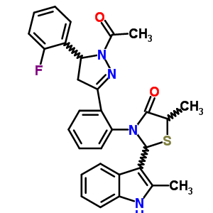 133405-37-5  3-{2-[1-acetyl-5-(2-fluorophenyl)-4,5-dihydro-1H-pyrazol-3-yl]phenyl}-5-methyl-2-(2-methyl-1H-indol-3-yl)-1,3-thiazolidin-4-one