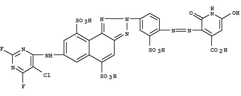 89182-94-5  4-Pyridinecarboxylicacid,5-[2-[4-[7-[(5-chloro-2,6-difluoro-4-pyrimidinyl)amino]-5,9-disulfo-2H-naphtho[1,2-d]triazol-2-yl]-2-sulfophenyl]diazenyl]-1,2-dihydro-6-hydroxy-2-oxo-