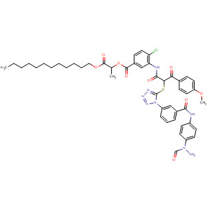 92989-61-2  Benzoic acid,4-chloro-3-[[2-[[1-[3-[[[4-(2-formylhydrazino)phenyl]amino]carbonyl]phenyl]-1H-tetrazol-5-yl]thio]-3-(4-methoxyphenyl)-1,3-dioxopropyl]amino]-,2-(dodecyloxy)-1-methyl-2-oxoethyl ester