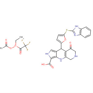 920535-97-3  2H-Pyrrolo[3,4-b][1,7]naphthyridine-3-carboxylic acid,9-[5-(1H-benzimidazol-2-ylthio)-2-furanyl]-4,5,6,7,8,9-hexahydro-8-oxo-,ethyl ester 2,2,2-trifluoroacetate (1:1)
