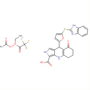 920536-00-1  2H-Pyrrolo[3,4-b]quinoline-3-carboxylic acid,9-[5-(1H-benzimidazol-2-ylthio)-2-furanyl]-4,5,6,7,8,9-hexahydro-8-oxo-,ethyl ester 2,2,2-trifluoroacetate (1:1)