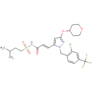 926300-27-8  2-Propenamide,3-[1-[[2-chloro-4-(trifluoromethyl)phenyl]methyl]-3-[(tetrahydro-2H-pyran-4-yl)oxy]-1H-pyrazol-5-yl]-N-[(3-methylbutyl)sulfonyl]-, (2E)-