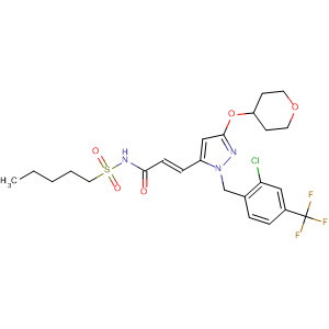 926300-28-9  2-Propenamide,3-[1-[[2-chloro-4-(trifluoromethyl)phenyl]methyl]-3-[(tetrahydro-2H-pyran-4-yl)oxy]-1H-pyrazol-5-yl]-N-(pentylsulfonyl)-, (2E)-