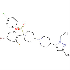 919100-37-1  Piperidine,1-[cis-4-(4-bromo-2-fluorophenyl)-4-[(4-chlorophenyl)sulfonyl]cyclohexyl]-4-(1-ethyl-3-methyl-1H-pyrazol-5-yl)-