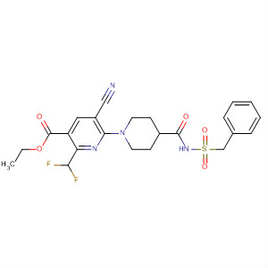 919353-04-1  3-Pyridinecarboxylic acid,5-cyano-2-(difluoromethyl)-6-[4-[[[(phenylmethyl)sulfonyl]amino]carbonyl]-1-piperidinyl]-, ethyl ester