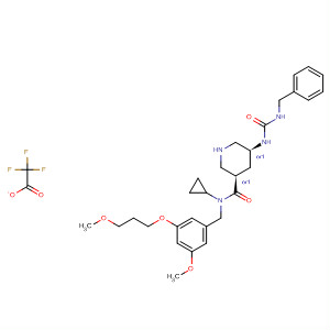 920294-36-6  3-Piperidinecarboxamide,N-cyclopropyl-N-[[3-methoxy-5-(3-methoxypropoxy)phenyl]methyl]-5-[[[(phenylmethyl)amino]carbonyl]amino]-, (3R,5S)-rel-,2,2,2-trifluoroacetate (1:1)