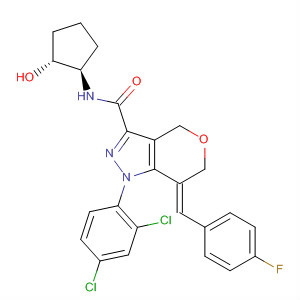 918546-31-3  Pyrano[4,3-c]pyrazole-3-carboxamide,1-(2,4-dichlorophenyl)-7-[(4-fluorophenyl)methylene]-1,4,6,7-tetrahydro-N-[(1R,2R)-2-hydroxycyclopentyl]-, (7Z)-