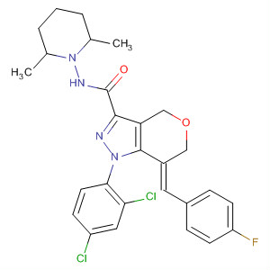 918546-56-2  Pyrano[4,3-c]pyrazole-3-carboxamide,1-(2,4-dichlorophenyl)-N-(2,6-dimethyl-1-piperidinyl)-7-[(4-fluorophenyl)methylene]-1,4,6,7-tetrahydro-, (7Z)-