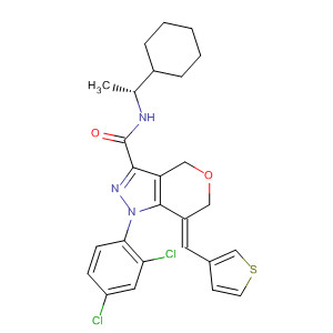 918546-70-0  Pyrano[4,3-c]pyrazole-3-carboxamide,N-[(1R)-1-cyclohexylethyl]-1-(2,4-dichlorophenyl)-1,4,6,7-tetrahydro-7-(3-thienylmethylene)-, (7Z)-