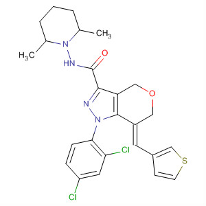 918546-77-7  Pyrano[4,3-c]pyrazole-3-carboxamide,1-(2,4-dichlorophenyl)-N-(2,6-dimethyl-1-piperidinyl)-1,4,6,7-tetrahydro-7-(3-thienylmethylene)-, (7Z)-