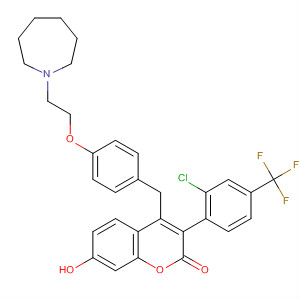 917966-37-1  2H-1-Benzopyran-2-one,3-[2-chloro-4-(trifluoromethyl)phenyl]-4-[[4-[2-(hexahydro-1H-azepin-1-yl)ethoxy]phenyl]methyl]-7-hydroxy-