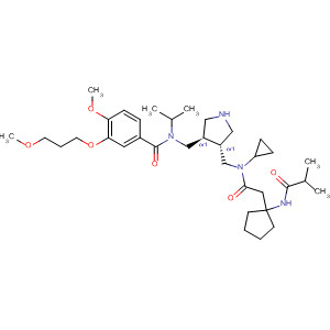 911117-09-4  Benzamide,N-[[(3R,4R)-4-[[cyclopropyl[[1-[(2-methyl-1-oxopropyl)amino]cyclopentyl]acetyl]amino]methyl]-3-pyrrolidinyl]methyl]-4-methoxy-3-(3-methoxypropoxy)-N-(1-methylethyl)-, rel-