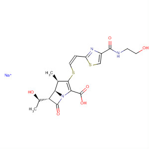 912639-11-3  1-Azabicyclo[3.2.0]hept-2-ene-2-carboxylic acid,6-[(1R)-1-hydroxyethyl]-3-[[(1Z)-2-[4-[[(2-hydroxyethyl)amino]carbonyl]-2-thiazolyl]ethenyl]thio]-4-methyl-7-oxo-, monosodium salt, (4R,5S,6S)-