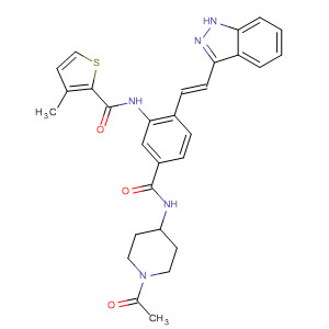 904899-80-5  2-Thiophenecarboxamide,N-[5-[[(1-acetyl-4-piperidinyl)amino]carbonyl]-2-[(1E)-2-(1H-indazol-3-yl)ethenyl]phenyl]-3-methyl-