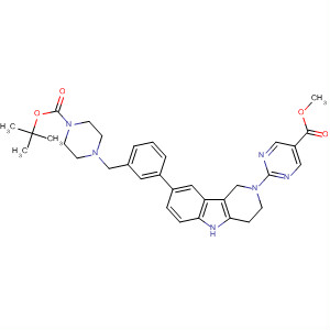 907565-86-0  5-Pyrimidinecarboxylic acid,2-[8-[3-[[4-[(1,1-dimethylethoxy)carbonyl]-1-piperazinyl]methyl]phenyl]-1,3,4,5-tetrahydro-2H-pyrido[4,3-b]indol-2-yl]-, methyl ester