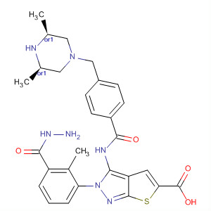 909252-78-4  1H-Thieno[2,3-c]pyrazole-5-carboxylic acid,3-[[4-[[(3R,5S)-3,5-dimethyl-1-piperazinyl]methyl]benzoyl]amino]-,2-methyl-2-phenylhydrazide, rel-