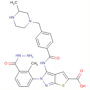 909252-93-3  1H-Thieno[2,3-c]pyrazole-5-carboxylic acid,3-[[4-[(3-methyl-1-piperazinyl)methyl]benzoyl]amino]-,2-methyl-2-phenylhydrazide