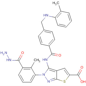 909253-18-5  1H-Thieno[2,3-c]pyrazole-5-carboxylic acid,3-[[4-[(methylphenylamino)methyl]benzoyl]amino]-,2-methyl-2-phenylhydrazide
