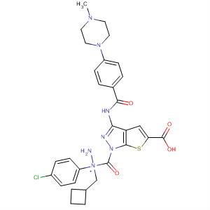 909253-46-9  1H-Thieno[2,3-c]pyrazole-5-carboxylic acid,3-[[4-(4-methyl-1-piperazinyl)benzoyl]amino]-,2-(4-chlorophenyl)-2-(cyclobutylmethyl)hydrazide