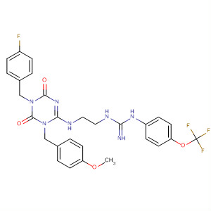 910114-40-8  Guanidine,N'-[2-[[5-[(4-fluorophenyl)methyl]-3,4,5,6-tetrahydro-3-[(4-methoxyphenyl)methyl]-4,6-dioxo-1,3,5-triazin-2-yl]amino]ethyl]-N-[4-(trifluoromethoxy)phenyl]-