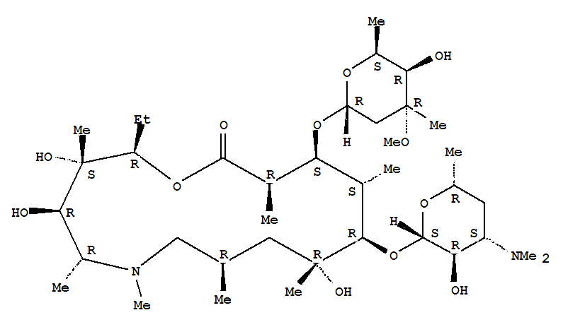 92470-27-4  1-Oxa-6-azacyclopentadecan-15-one,13-[(2,6-dideoxy-3-C-methyl-3-O-methyl-a-L-xylo-hexopyranosyl)oxy]-2-ethyl-3,4,10-trihydroxy-3,5,6,8,10,12,14-heptamethyl-11-[[3,4,6-trideoxy-3-(dimethylamino)-b-D-xylo-hexopyranosyl]oxy]-,(2R,3S,4R,5R,8R,10R,11R,12S,13S,