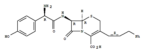 92677-30-0  5-Thia-1-azabicyclo[4.2.0]oct-2-ene-2-carboxylicacid,7-[[(2R)-amino(4-hydroxyphenyl)acetyl]amino]-8-oxo-3-[(1Z)-3-phenyl-1-propenyl]-,(6R,7R)- (9CI)