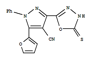 933065-62-4  1H-Pyrazole-4-carbonitrile,3-(4,5-dihydro-5-thioxo-1,3,4-oxadiazol-2-yl)-5-(2-furanyl)-1-phenyl-
