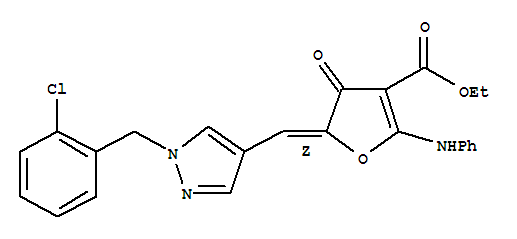956934-13-7  3-Furancarboxylic acid,5-[[1-[(2-chlorophenyl)methyl]-1H-pyrazol-4-yl]methylene]-4,5-dihydro-4-oxo-2-(phenylamino)-,ethyl ester, (5Z)-