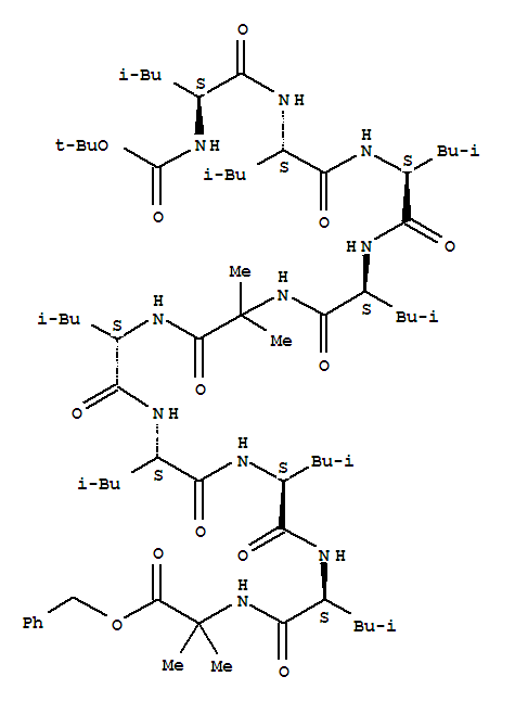 99593-01-8  Alanine,N-[N-[N-[N-[N-[N-[N-[N-[N-[N-[(1,1-dimethylethoxy)carbonyl]-L-leucyl]-L-leucyl]-L-leucyl]-L-leucyl]-2-methylalanyl]-L-leucyl]-L-leucyl]-L-leucyl]-L-leucyl]-2-methyl-,phenylmethyl ester (9CI)