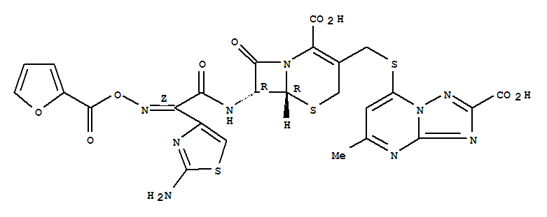 99951-29-8  5-Thia-1-azabicyclo[4.2.0]oct-2-ene-2-carboxylicacid,7-[[(2Z)-(2-amino-4-thiazolyl)[[(2-furanylcarbonyl)oxy]imino]acetyl]amino]-3-[[(2-carboxy-5-methyl[1,2,4]triazolo[1,5-a]pyrimidin-7-yl)thio]methyl]-8-oxo-,(6R,7R)- (9CI)