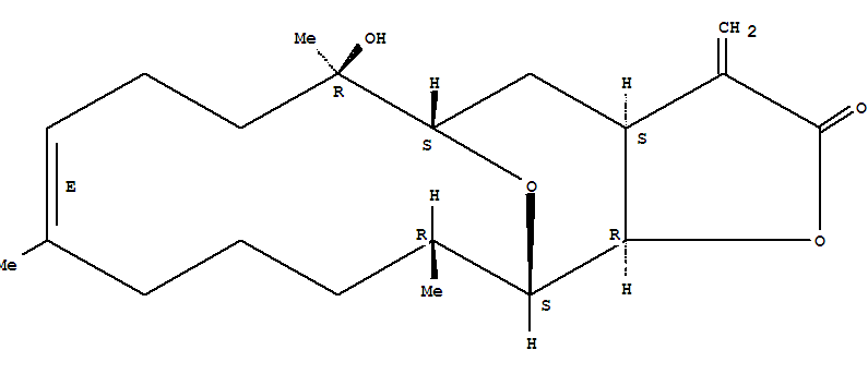 22551-45-7  (3aS,5R,6R,9E,14S,15S,15aR)-6-hydroxy-6,10,14-trimethyl-3-methylidene-3a,4,5,6,7,8,11,12,13,14,15,15a-dodecahydro-5,15-epoxycyclotetradeca[b]furan-2(3H)-one