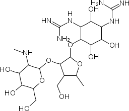 26086-49-7  2,2'-[(1R,2R,3S,4R,5R,6S)-4-({3,5-dideoxy-2-O-[2-desoxy-2-(methylamino)-alpha-L-glucopyranosyl]-3-(hydroxymethyl)-alpha-L-arabinofuranosyl}oxy)-2,5,6-trihydroxycyclohexan-1,3-diyl]diguanidin