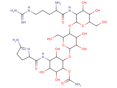 52932-62-4  (1R,2S,3S,4R,5S,6R)-3-({[(2S)-5-amino-3,4-dihydro-2H-pyrrol-2-yl]carbonyl}amino)-6-(carbamoyloxy)-2,4,5-trihydroxycyclohexyl 4-O-(2-deoxy-2-{[N~5~-(diaminomethylidene)-L-ornithyl]amino}-alpha-D-glucopyranosyl)-beta-D-mannopyranoside