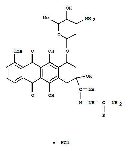 64439-46-9  (2E)-2-(1-{(2S,4R)-4-[(3-amino-2,3,6-trideoxy-beta-L-lyxo-hexopyranosyl)oxy]-2,5,12-trihydroxy-7-methoxy-6,11-dioxo-1,2,3,4,6,11-hexahydrotetracen-2-yl}ethylidene)hydrazinecarbothioamide hydrochloride (1:1)