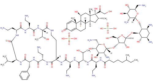 78666-15-6  Pregna-1,4-diene-3,20-dione, 9-fluoro-11,17,21-trihydroxy-16-methyl-, (11beta,16alpha)-, mixt. with neomycin sulfate (salt) and polymyxin B sulfate (salt) 78666-15-6  Pregna-1,4-diene-3,20-dione, 9-fluoro-11,17,21-trihydroxy-16-methyl-, (11beta,16alpha)-, mixt. with neomycin sulfate (salt) and polymyxin B sulfate (salt)
