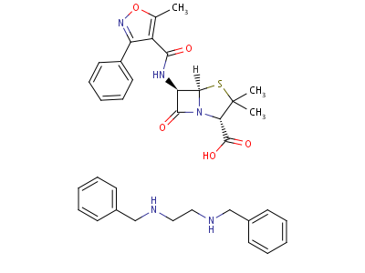 916-96-1  4-Thia-1-azabicyclo[3.2.0]heptane-2-carboxylic acid, 3,3-dimethyl-6-[[(5-methyl-3-phenyl-4-isoxazolyl)carbonyl]amino]-7-oxo-, [2S-(2α,5α,6β)]-, compd. with N,N'-bis(phenylmethyl)-1,2-ethanediamine (2:1)