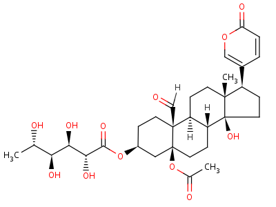 93771-82-5  [(3S,5S,8R,9S,10S,13R,14S,17R)-5-acetoxy-10-formyl-14-hydroxy-13-methyl-17-(6-oxopyran-3-yl)-2,3,4,6,7,8,9,11,12,15,16,17-dodecahydro-1H-cyclopenta[a]phenanthren-3-yl] (2R,3R,4S,5S)-2,3,4,5-tetrahydroxyhexanoate