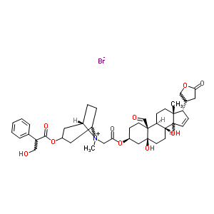 97817-83-9  [(5S)-8-[2-[[(3S,5S,8R,9S,10S,13R,17S)-10-formyl-5,14-dihydroxy-13-methyl-17-(5-oxotetrahydrofuran-3-yl)-2,3,4,6,7,8,9,11,12,17-decahydro-1H-cyclopenta[a]phenanthren-3-yl]oxy]-2-oxo-ethyl]-8-methyl-8-azoniabicyclo[3.2.1]octan-3-yl] 3-hydroxy-2-phenyl-prop