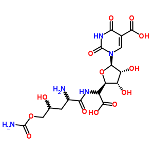 22976-87-0  1-[(2R,3R,4S,5R)-5-[1-[(2-amino-5-carbamoyloxy-4-hydroxy-pentanoyl)amino]-2-hydroxy-2-oxo-ethyl]-3,4-dihydroxy-tetrahydrofuran-2-yl]-2,4-dioxo-pyrimidine-5-carboxylic acid