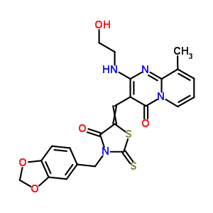 4657-79-8  3-{[3-(1,3-benzodioxol-5-ylmethyl)-4-oxo-2-thioxo-1,3-thiazolidin-5-ylidene]methyl}-2-[(2-hydroxyethyl)amino]-9-methyl-4H-pyrido[1,2-a]pyrimidin-4-one