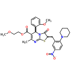 5329-69-1  2-methoxyethyl 5-(2-methoxyphenyl)-7-methyl-2-[(5-nitro-2-piperidin-1-ylphenyl)methylidene]-3-oxo-2,3-dihydro-5H-[1,3]thiazolo[3,2-a]pyrimidine-6-carboxylate