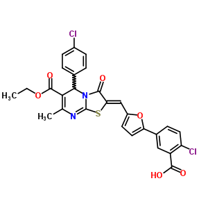5682-19-9  2-chloro-5-(5-{(Z)-[5-(4-chlorophenyl)-6-(ethoxycarbonyl)-7-methyl-3-oxo-5H-[1,3]thiazolo[3,2-a]pyrimidin-2(3H)-ylidene]methyl}furan-2-yl)benzoic acid